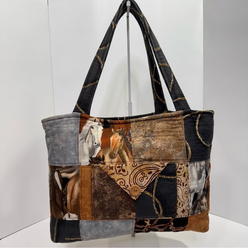 Womens Handmade Patchwork Horse Print Shoulder Bag Western Rustic Graphic
